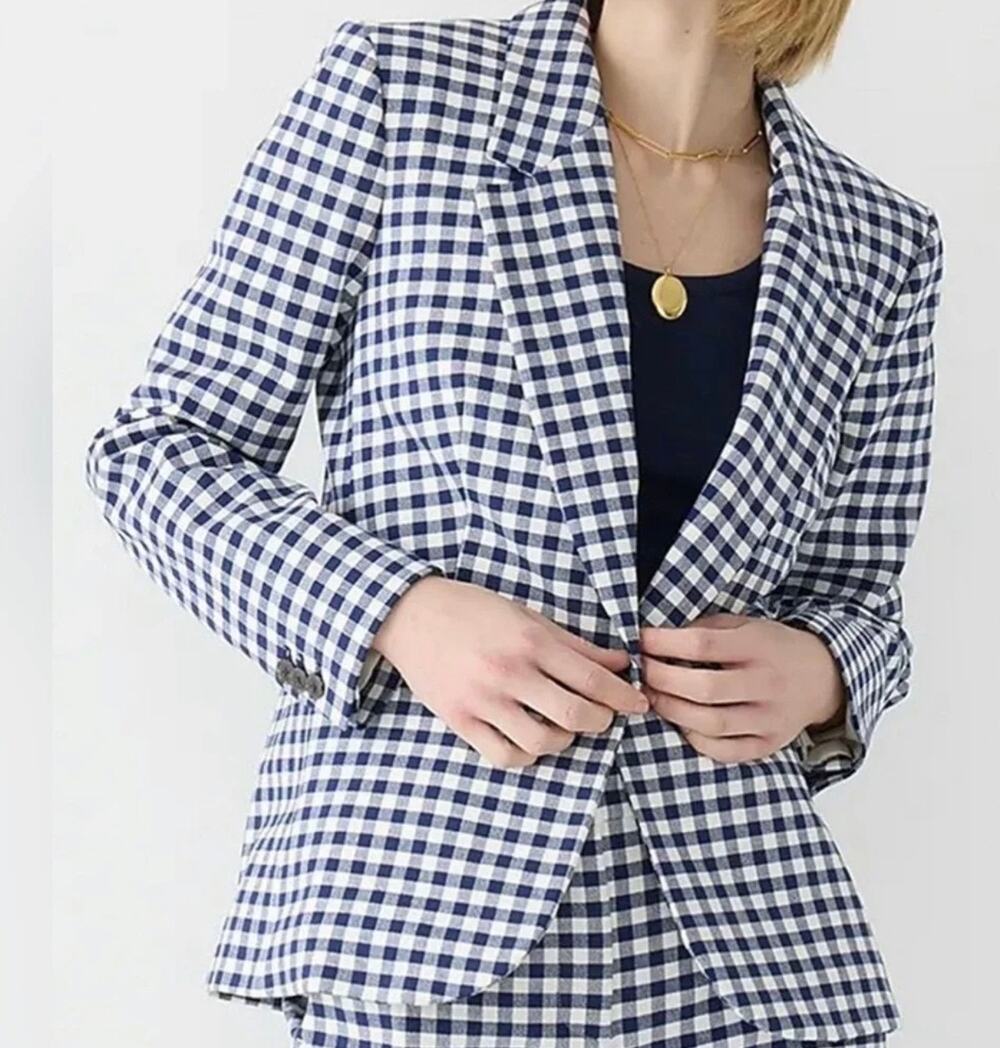J. Crew Parke Gingham Bi Stretch Blazer Navy Gingham Blue & White Size 8